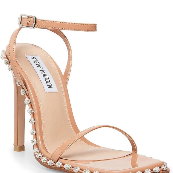 SOLD Steve Madden Zelle Camel Sandal Heels Square Toe Rhinestone - Picture 3 of 8